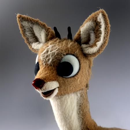 <lora:RankinBass v2-000002:1>, RankinBass, masterpiece, best quality, close-up, portrait, reindeer, felt, fuzz, doll, plastic, miniature, beautiful, simple eyes, Christmas, snowing, snowflakes, (pixar style:0.3), animal