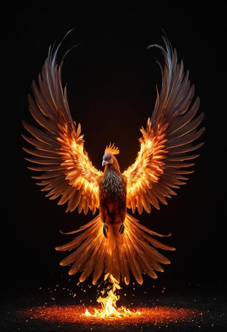 Solitary phoenix rising from glowing embers with individual feathers catching firelight, wings spread in magnificent display. Dramatic low-key lighting against black background, hyperrealistic feather detail with iridescent qualities. Professional studio photography with controlled fire effects, luxury wildlife portrait aesthetic. Mythical creature rendered with biological accuracy and stunning visual impact.