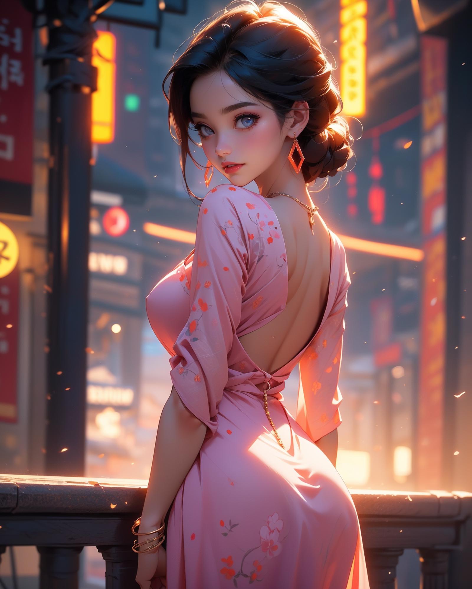 A 3D rendered female character wearing a pink dress.