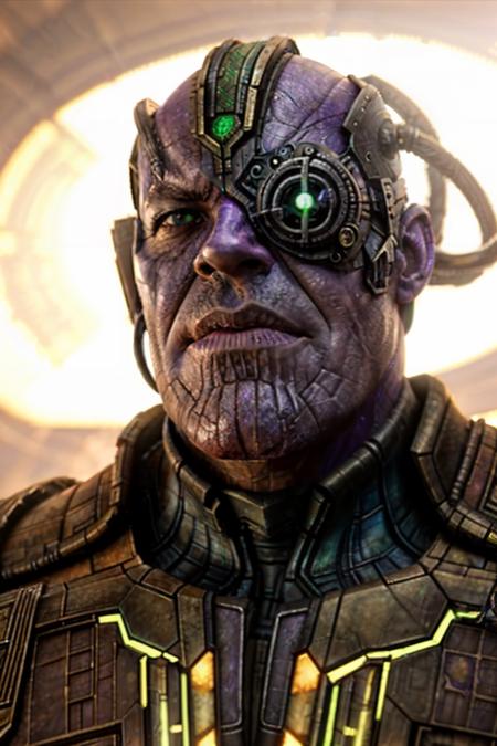 <lora:race_st_borg:0.69> Thanos borg, cyborg, eyepatch, white background, purple skin, gold armor, glowing green, <lora:detail_slider_v4:2>