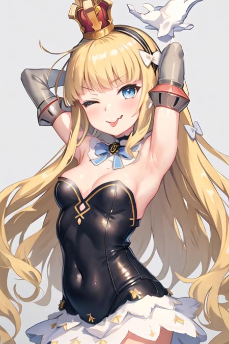 best quality, masterpiece, highres, solo, {queen_elizabeth_azurlane:1.15}, blonde_hair, long_hair, blue_eyes, crown, hairband, bow, mini_crown, hair_bow, blush, bangs, black_hairband, open_mouth, white_bow, smile, breasts, fang, small_breasts, 1girl, ;p, armpits, arms_up, bare_shoulders, blue_bow, closed_mouth, detached_sleeves, dress, gloves, long_sleeves, looking_at_viewer, one_eye_closed, ribbon, strapless, tongue, tongue_out, white_gloves, cleavage, covered_navel, gradient, gradient_background, strapless_dress, very_long_hair, blue_ribbon, grey_background