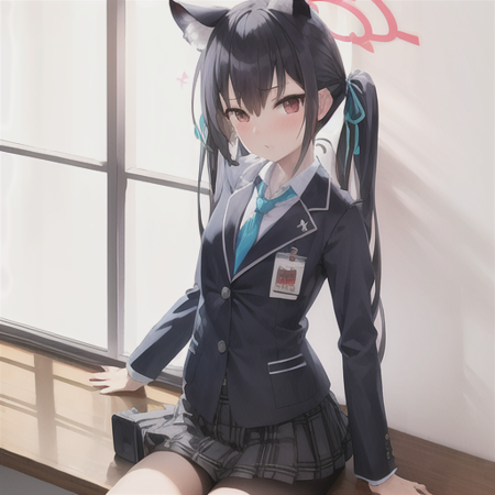 masterpiece, best quality, highres, 1girl, serika, twintails, school uniform, skirt, cat ears, jacket, necktie, cat ears, animal ear fluff, halo, blush, <lora:blue_archive_serika-v1:0.9>