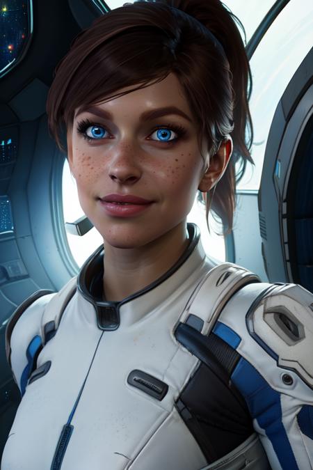 Sara,solo,brown hair,blue eyes,lips,freckles,short hair,ponytail, face focus, upper body, awkward smile,  
Ryder, white and blue spacesuit 
space pod, neon lights, (insanely detailed, beautiful detailed face, masterpiece, best quality) <lora:SaraRyder:0.8>