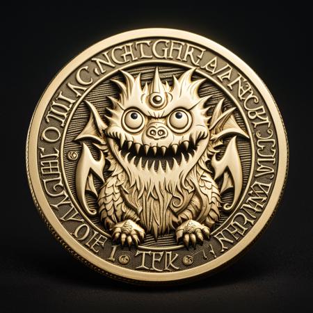 photograph of a gold c01n with a nightmare monster inscription over black background