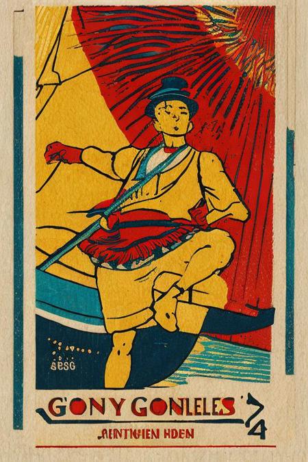 The Singing Gondolier, a detailed Matchbox Label. Red, teal, yellow and dark navy, triadic colors, complimentary colors, Toulouse Lautrec core, anime vibes, VSML,