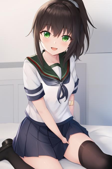 masterpiece, best quality, highres, solo, {fubuki_kantaicollection:1.10}, black_hair, ponytail, short_ponytail, serafuku, sidelocks, low_ponytail, green_eyes, smile, open_mouth