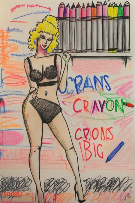 a sexy woman in black lingerie, neon sign in the background that says crayons in big latters <lora:crayons_v1_sdxl:1>