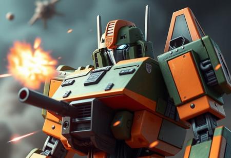 transformers generation 1, robot made of tank parts, scorn, with gorgeous detailed eyes in the style of precisionism, gaston bussiere, a picture, green and orange, tant turret, bucket helmet, wide focus, action pose, lasers, explosions, decepticon