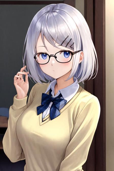 masterpiece, best quality, highres, 1girl glasses hairclip <lora:kyouko_okitegami_no_outfit:1> collared shirt, sweater