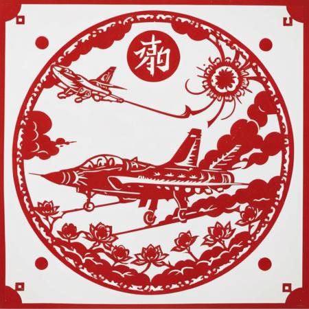 The image is a traditional Chinese paper-cut art piece, predominantly in red and white. It features a fighter jet, meticulously crafted with exquisite precision. The jet's sleek, aerodynamic design is accentuated by the sharp, angular lines and curves, typical of this art form. Its wings and fuselage are adorned with intricate patterns, evoking the elegance of traditional motifs. The bold red of the jet creates a striking contrast against the white background, embodying both the power and grace of the aircraft. This artwork captures the essence of Chinese paper-cutting art while celebrating the modern marvel of aviation, <lora:cn_paper_cut:0.75>, <lora:Dr4ken-SDXL-f:0.8> Dr4ken