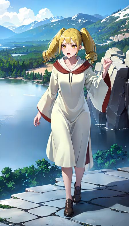 blonde short twintails yellow eyes white robe