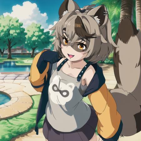 <lora:Snuffy:1>  ghibli style, cell shading, Snuffy, raccoon girl, raccoon tail, masterpiece, best quality, CG, wallpaper, HDR, high quality, high-definition, extremely detailed, (1girl:1.5), close up, solo, dynamic pose, full body, small breast, (cute face,(:d)), hair ribbon, black ribbon, glowing eyes, oversized clothes, orange jacket, hdr, [semi-realistic:1.2:20], len flare, ray tracing, light, cloud,sky ,depth of field, city background <lora:studioGhibliStyle_offset:1>