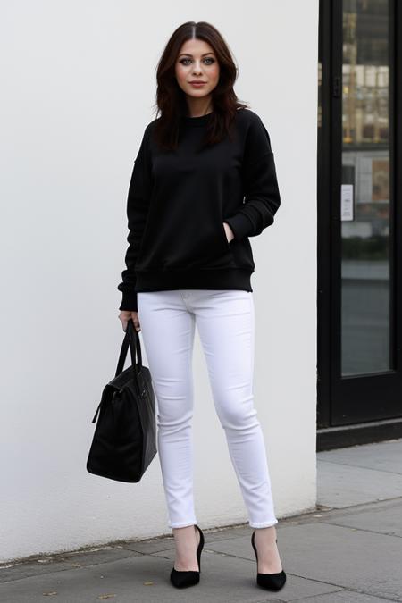 full body shot of michelletrachtenberglora wearing a black sweatshirt and white jeans, looking at viewer, masterpiece, in the streets <lora:michelletrachtenberglora:1>