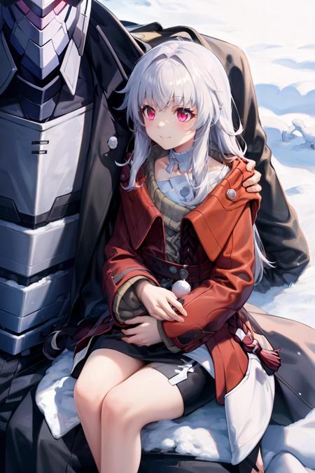 klara,1girl,white hair,long hair,red eyes,red coat,white shirt,long sleeves, dress,thigh strap,