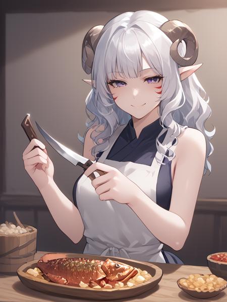 , grilled fish:1.2,  folk, knife, holding, food, tavern