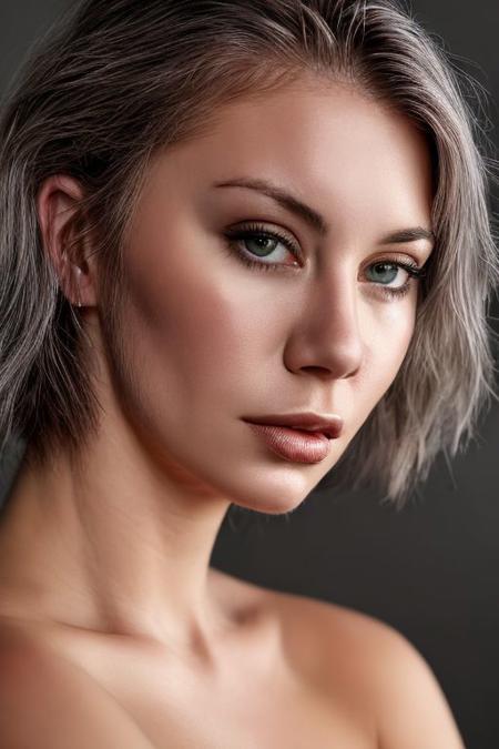 jnh, closeup portrait of young woman, topless, rim light, (grey background:1.0), slick hair,
 <lora:CR-JenniferHolland-frankyfrank2k:1.1>