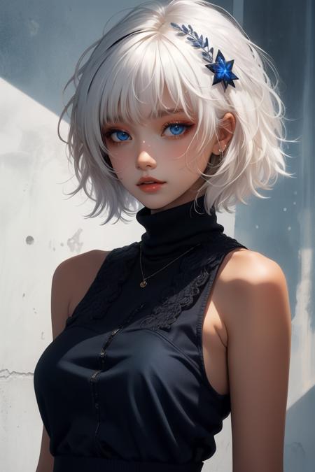 1girl, short hair, white hair, x hair ornament, blue eyes,
parted lips, bangs,
looking at viewer,
tank top, bare shoulders 
<lora:Unleashed_V2:1>
