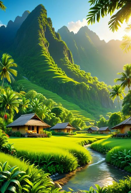 A lively field, featuring lush green grass, serves as the backdrop for a quaint nipa hut, nestled among towering mountains in the background. A tranquil river meanders through the scene, surrounded by tall trees, creating a serene atmosphere. The warm sunlight casts its glow across the landscape, enhancing the ultra-detailed, high-quality, and cinematic depth of the scene. The overall ambiance is peaceful and idyllic, immersing the viewer in a harmonious and picturesque environment.