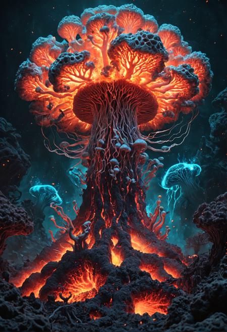 A bio-organic explosion with mushroom cloud made of fleshy coral textures and bioluminescent threads, glowing veins of lava and spores bursting into the atmosphere, a blend of alien biology and elemental force, dark fantasy meets sci-fi.
