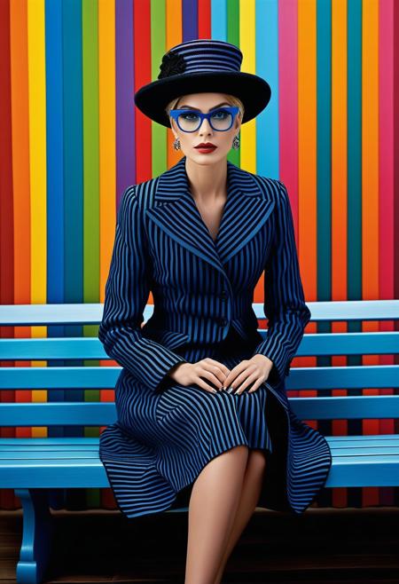 Centered, Surreal Expression, A woman surrounded by a symphony of stripes, blending gothic and baroque styles in a colorful, textured scene. thick textured impasto Colourful Elegant ground level angle image of a woman made from stripes sitting on a bench. Wearing triadic gothic and baroque striped coat striped glasses and striped hat. Striped sky and strip grass , a symphony of stripes, Paint, dripping wet