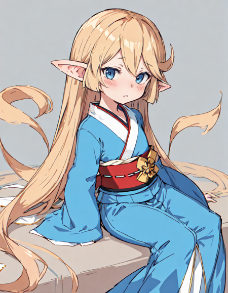 masterpiece, best quality, absurdres, charlotta, 1girl, solo, blush, flat chest,
miko, kimono, long sleeves, wide sleeves, sash, 
on side,
simple background,