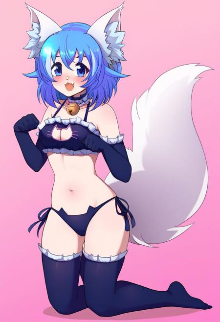 <lora:Wolfychu:0.7>, Wolfychu, blue eyes, (((blue hair))) (masterpiece, best quality, high quality, highres, ultra-detailed), animal ears, (bangs), animal ear fluff, wolf girl, (white wolf tail), (white wolf ears), highly detailed, ((medium breast)), HD, furry, short hair, blue shoulder length hair, average build, ((Wolfychu)), fang, virtual youtuber, (((1 girl, solo, 1girl))), 
score_9, score_8_up, score_7_up,1girl, solo female, epic photography, extremely detailed, high quality, absurd res, high res, fang, cat_lingerie, underwear, tail, meme_attire, cleavage_cutout, panties, side-tie_panties, cat_cutout, thighhighs, blush, gloves, underwear_only, bra, cat_ear_panties, elbow_gloves,  frills, white_legwear, looking_at_viewer, breasts, pink_background, full_body, white_bra, ribbon,  standing, collar with bell,