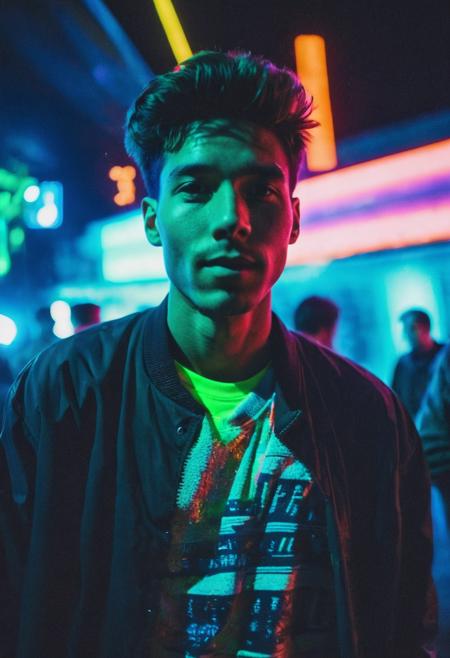 go pro photo, half body,1man, 25 y.o. , night , low andle, bright clothes 90's, grainy photo, analogue glitch effect, neon light, party
