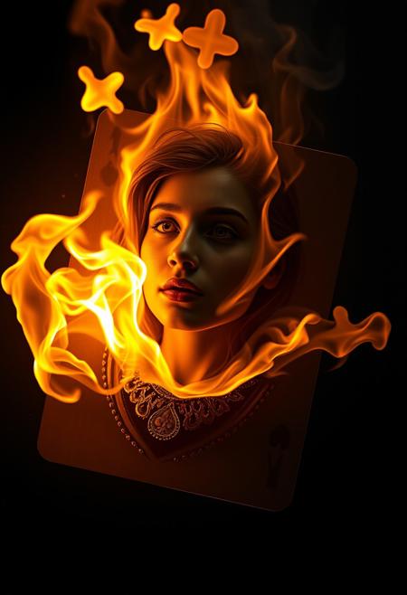 masterpiece, 8k, hdr, best quality, photography, analog style, real life, extremely beautiful, (highly detailed, intricately detailed), ray tracing, (dramatic lighting), a flaming playing card with face a girl, in the style of ingrid baars, digital art techniques, alessio albi, caras ionut, dark gray and gold, wallpaper, 8k 3d