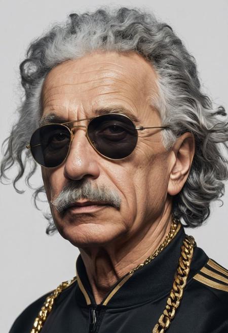 closeup portrait of Albert Einstein with him wearing a black Adidas style tracksuit and gold chains and Rayban style sunglasses, serious look, moody, highly detailed, high contrast, white background