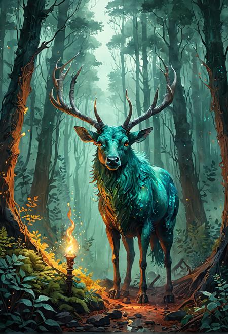 Here is the prompt:  In a dimly lit, misty forest, a rare, glowing, iridescent creature with shimmering, turquoise scales, emerald eyes, and wispy, silver antennae emerges from the shadows, surrounded by flickering, golden torches, deep crimson, rich brown, and muted green hues, captured in a sweeping overhead camera angle, as if drawn in a whimsical, hand-drawn, watercolor-style illustration, with hints of digital painting, 4K resolution, high-quality, detailed, ultra-HD visuals.