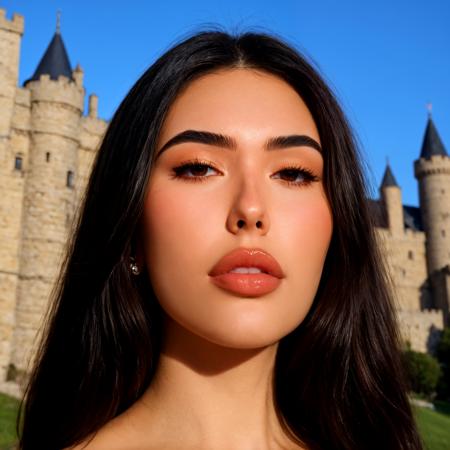 score_9, score_8_up, score_7_up, dynamic angle, beautiful lighting, sharp focus, 8k, high res, Masterpiece, Nikon Z9, beautiful lady, realistic, upper body, realistic, Madd_Beer, 1girl, plump lips, thick lips, eyelashes, brown eyes, thick eyebrows, black hair, long hair, forehead, sky, clouds, looking up, looking away, hyperdetailed photography, soft light, portrait, inside, castle, stones, golden hour, crown, <lora:XL\KMS_Madison_Beer_XL_r1-000015:0.75>