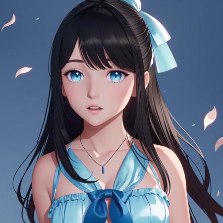 LumiN0va, 1girl, solo, jewelry, long hair, necklace, blue eyes, simple background, parted lips, bow, blue background, hair bow, bangs, brown hair, lips, eyelashes, black hair, open mouth, bare shoulders, portrait, ribbon, hair ribbon BREAK Sunshower of petals, Walking casually BREAK Specular transmission, microfacet reflections, facial contouring, high dynamic range, subtle facial animations, high-quality skin textures, blood flow simulation, cinematic portrait composition