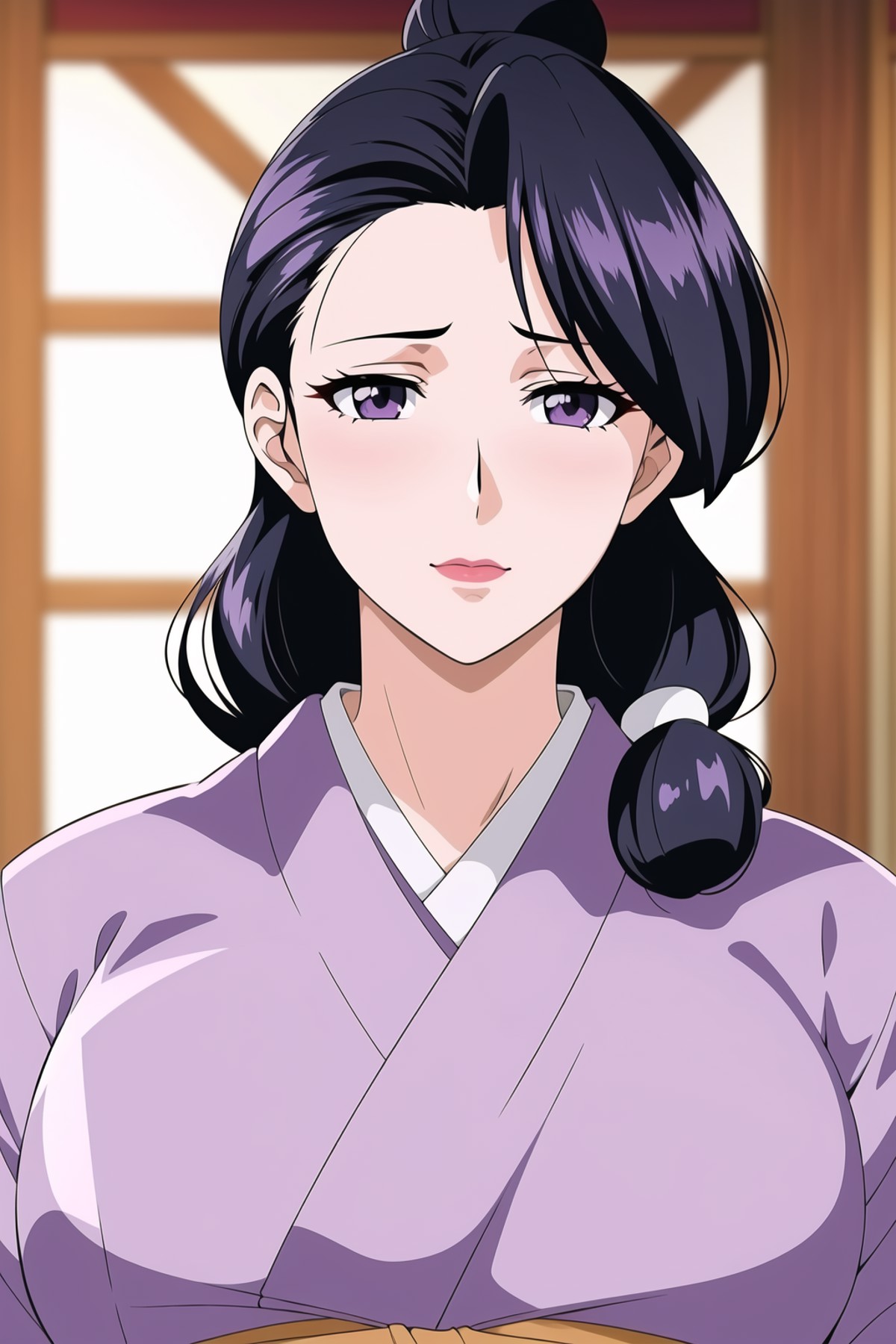 Simple White Background,
purple_kimono,sash, shouji, shrine,japanese_clothes,
<lora:Sumie_Takayanagi-V1:0.7>,
black_hair,H...