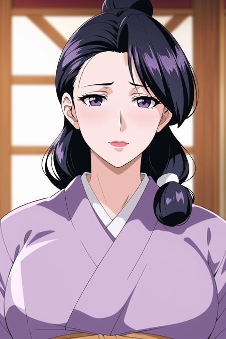 Simple White Background,
purple_kimono,sash, shouji, shrine,japanese_clothes,
<lora:Sumie_Takayanagi-V1:0.7>,
black_hair,Hair_bun,lipstick,Bangs,Black_eyes,
<lora:Oda_Non_Style-KK77-V2:0.1>,<lora:more_details:0.1>,
1 girl, 20yo,Young female,Beautiful Finger,Beautiful long legs,Beautiful body,Beautiful Nose,Beautiful character design, perfect eyes, perfect face,expressive eyes,perfect balance,
looking at viewer,(Focus on her face),closed mouth, (innocent_big_eyes:1.0),(Light_Smile:0.3),
official art,extremely detailed CG unity 8k wallpaper, perfect lighting,Colorful, Bright_Front_face_Lighting,White skin,
(masterpiece:1.0),(best_quality:1.0), ultra high res,4K,ultra-detailed,
photography, 8K, HDR, highres, absurdres:1.2, Kodak portra 400, film grain, blurry background, bokeh:1.2, lens flare, (vibrant_color:1.2),professional photograph,
(Beautiful,large_Breasts:1.4), (beautiful_face:1.5),(narrow_waist),