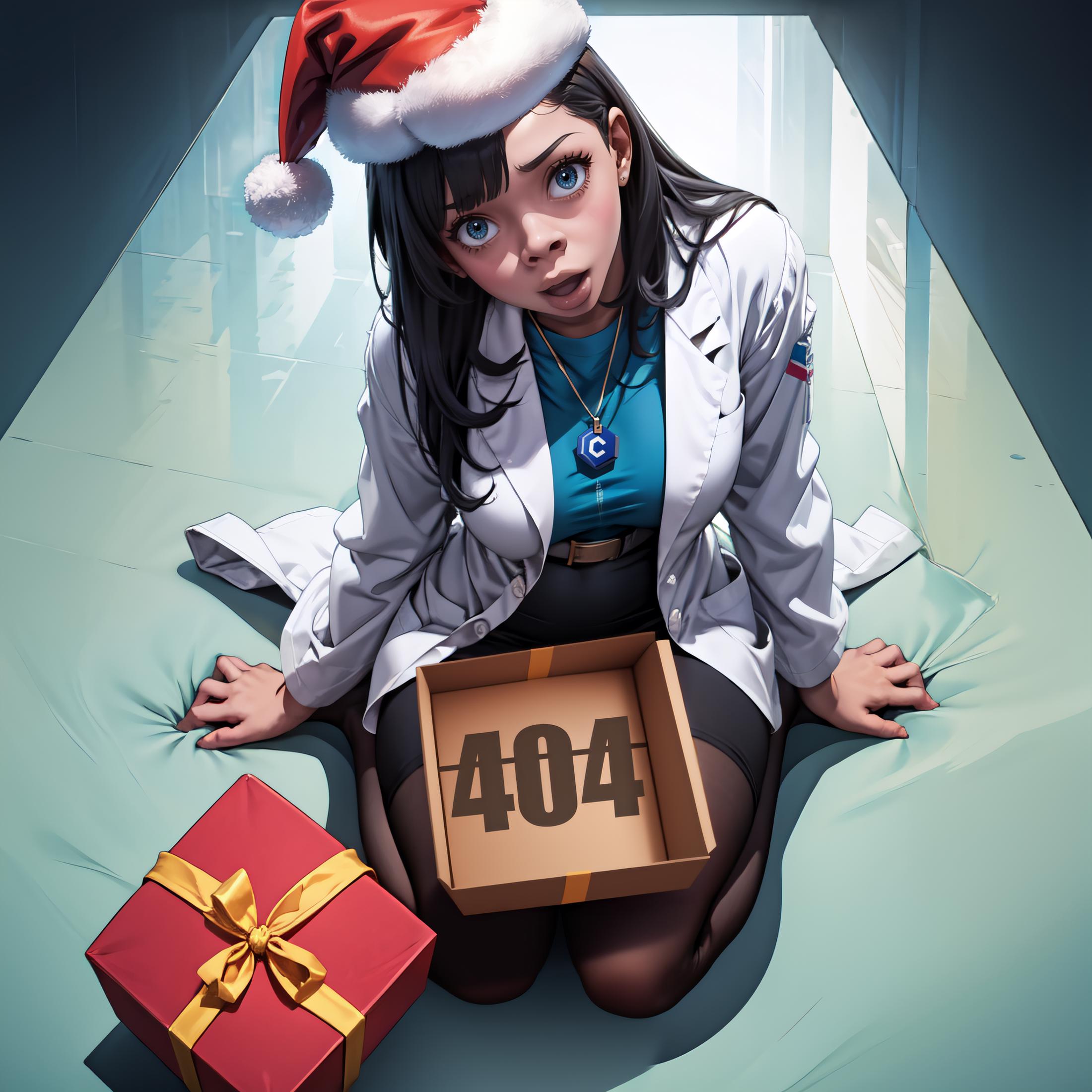 A cartoon woman wearing a Santa hat sitting on a bed with a box labeled "404" in front of her.