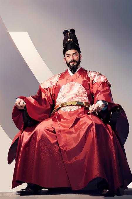 1male, old man:1.5, muscular, grandfather, white hair,
korean, hanbok, king_hanbok, red_clothes, dragon robe, korean_clothes, long_sleeves, hat, smile, sitting, spread legs, wide_sleeves, pointed hat,
holding books, look down, long beard, serious,
from front, from below,
<hypernet:hanbok_king:0.7>,