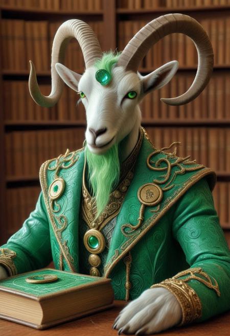 A close-up of an unusual and dignified goat with a scruffy goatee, amber-colored eyes, and a pair of long, spiraling horns wrapped in golden threads. The goat wears an elaborate, dark-toned jacket, almost regal, with decorative buttons and tiny magical symbols embroidered along the collar. On its muzzle rests a round monocle, with a lens that reflects a faint green light, and from its left ear hangs a vibrant green feather attached to a silver ring. Clutched between its front hooves is a small, ancient leather-bound book, embossed with arcane symbols. Behind the goat, hints of an old library are visible, with shelves filled with scrolls and potions. The atmosphere is one of wisdom and mystery, and the goat’s gaze is piercing, as if carefully assessing whoever stands before it, exuding an air of authority mixed with a touch of irony
emeraldmorph