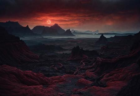Red Rocky landscape, with deep canyons, black twisting vines, sci-fi aesthetics, film photography style, a moody picture of Gas Giant alien landscape composed primarily of hydrogen and helium, with no solid surface and a thick atmosphere (with a tall red mountain with a demonic face carved into the side in the background:1.2), cloudy weather, at dawn, dim lit, foggy, muted colors, hazy, vintage, analog style, Busy crowded city strret, City<lora:SDXL_FILM_PHOTOGRAPHY_STYLE_Alphav0.2:1>