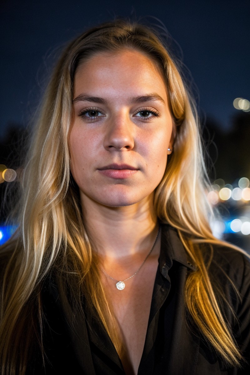 closeup face photo of young swedish woman in dress, night city street