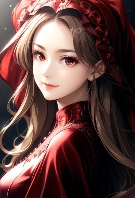 Super model, beautiful, light smile, UHD, 8K, masterpiece, detailed, ultra_high_resolution, lots of detail, long hair, red veil YurYuna, red eyes, light brown hair, long hair, modest, sfw, red blood dress, iridescent sheen, luxurious, artistic, natural elements, opulence, high resolution, digital art, visual aesthetics, contemporary design, vibrant colors, reflective surfaces, artistic composition, high contrast, elegant, intricate detailing, 8k RAW photo, quilling, artistic blur, unusual colors, fractal art, radiant vibe, Blood for the Blood God