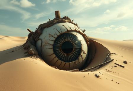 cinematic, 32k, hyper detailed, a giant eyeball buried inside the sand dune, rotten