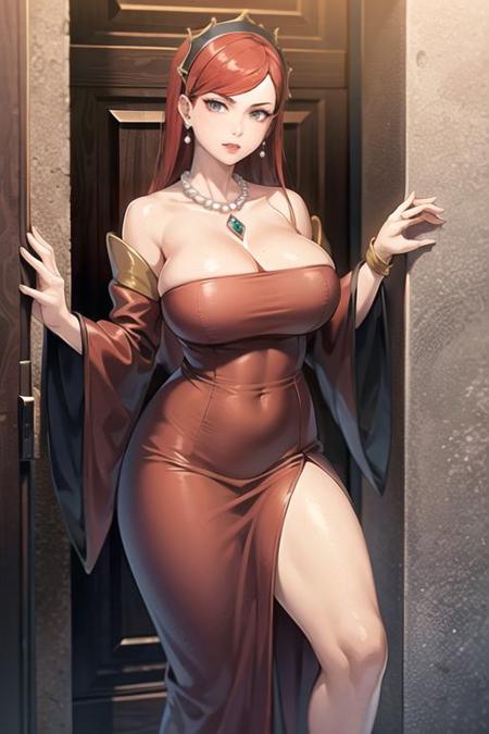 Hilda_aiwaifu,long hair,jewelry,earrings,red hair,necklace,makeup,large breasts,pearl necklace,gem,lipstick,grey eyes,hairband,collarbone,hairband,bangs,red lips,bare shoulders,cleavage,dress,red dress,detached sleeves,strapless,tiara,long dress,strapless dress, red dress, off_shoulder, masterpiece,best quality,ultra detailed, 8k, 4k,highly detailed, scenery,pose,solo,
