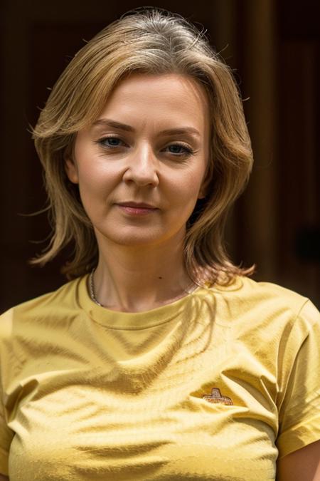 <lora:Liz_Truss:1> masterpiece, best quality, detailed face, 1woman, solo, a mature l1873t, realistic, yellow t-shirt