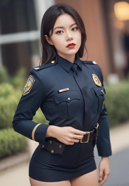 solo,
( police uniform, policewoman ),
 thighhighs,
city_lights,
(looking at viewer:1.3),
parted lips,   red_lips,shiny skin, skindentation, best quality, ultra high res, (photorealistic:1.4),