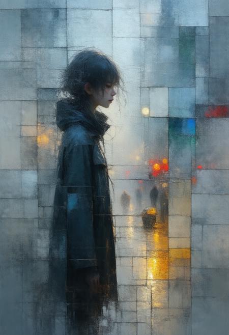 A melancholic and evocative depiction of a young woman reflected in a rain-slicked cityscape, fractured and reimagined in a Cubist stained-glass style. The scene explodes into geometric shards, showcasing fragmented perspectives of the girl, the distorted cityscape shimmering in the puddle, and the interplay of somber light and deep shadows. The palette utilizes muted blues and greys for the cityscapeâs skyline, vibrant cadmium yellow and crimson red reflected in the puddle's surface, and patches of crisp white to highlight the girlâs silhouette. Photorealistic textures of rain-soaked pavement, the girlâs clothing, and the building's facades harmonize with the fractured composition, creating a powerfully symbolic portrait of isolation, resilience, and the beauty found within fleeting moments. Ultra detailed, 8k resolution, volumetric lighting, octane render, emphasizing the interplay of light and shadow and evoking a feeling of poignant beauty and quiet contemplation.