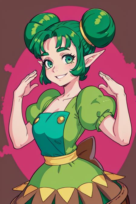 farore, pointy ears,green hair,double bun,green eyes, hands up, 
Gdress,teal dress,pink pantyhose, puffy short sleeves,brown footwear, 
upper body, smiling,
(insanely detailed, beautiful detailed face, masterpiece, detailed eyes, best quality),
 <lora:farore:0.7>