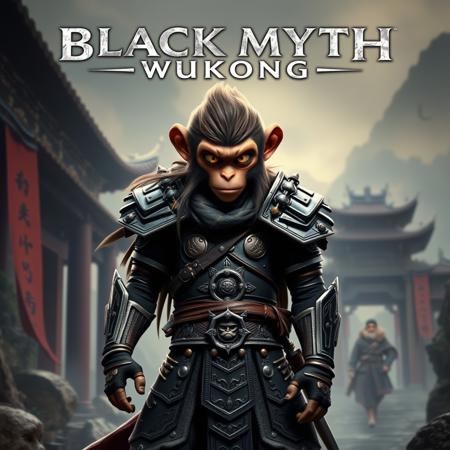 Black Myth: Wukong game poster, full-body shot of the Monkey King in armor with big eyes and long hair standing tall against an ancient Chinese backdrop. The title "BLACK MYTH WUKONG" is written at the top center in bold letters. High resolution, rich colors, cinematic quality