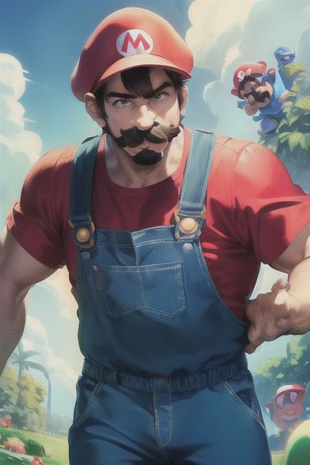 <lora:SuperMario:0.4>
1man supermario in blue overalls and a red tshirt, mustache, with a green shell running, cloudy day, green bushes