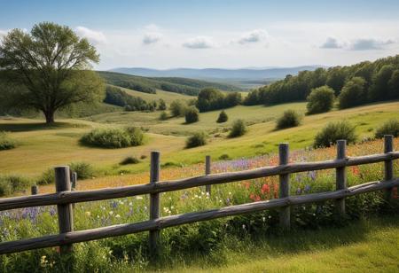 "A rustic wooden fence with a weathered finish, surrounded by colorful wildflowers, set against a backdrop of a serene countryside landscape."