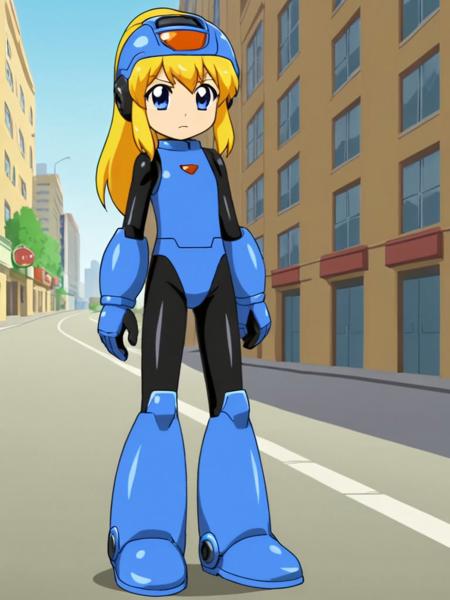 rokkotyan, android, armor, bodysuit, helmet, blonde hair, ponytail, blue eyes